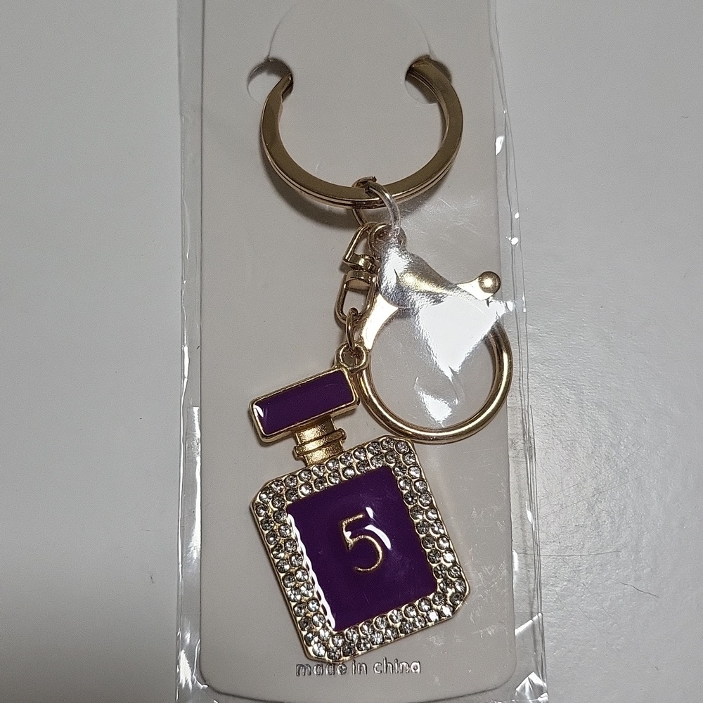 Mint Gold-Tone Keychain with Purple Perfume Bottle Charm